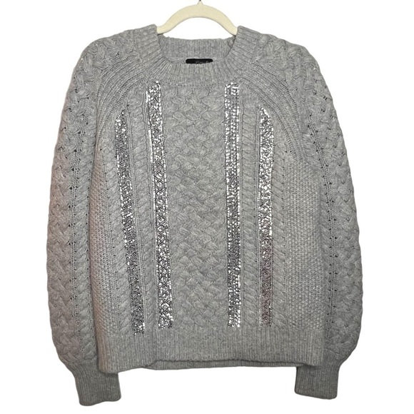 J. Crew Merino Wool Blend Cable Knit Sequin Sweater Heather Dusk Grey Size Small - Picture 2 of 8